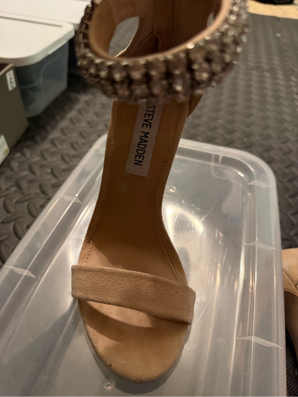 Steve Madden Beige Suede Open-Toe Heel with Rhinestone Ankle Strap